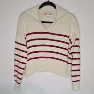 Women's V-Neck Sweater in Cream and Red